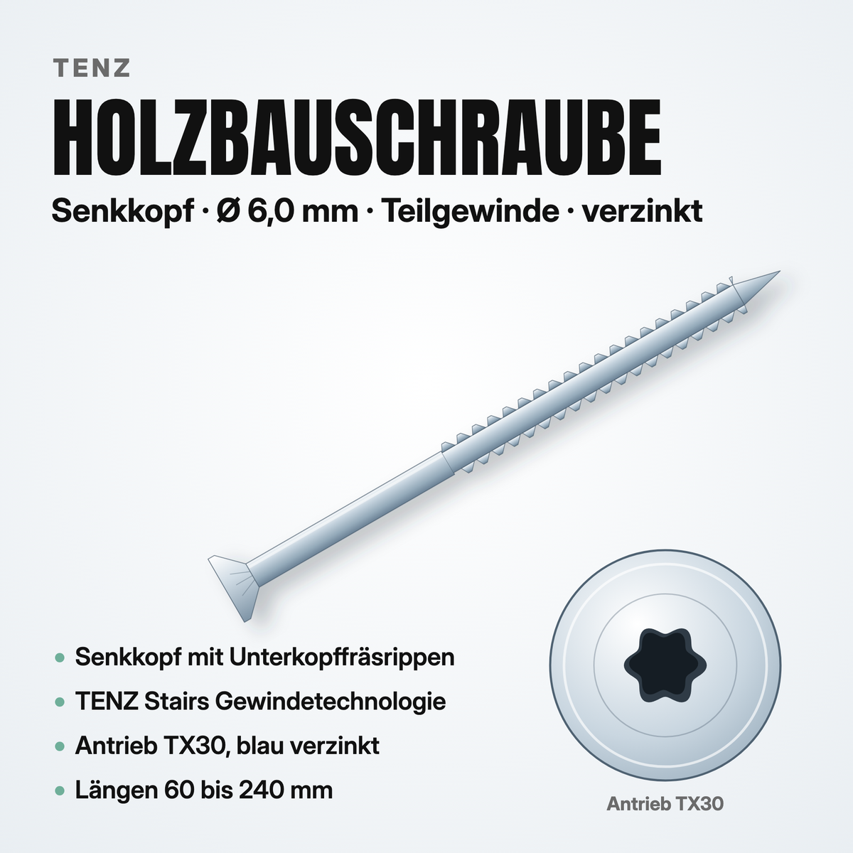 TENZ Holzbauschraube Senkkopf Ø 6,0 mm TX30 Teilgewinde verzinkt, Produktabbildung