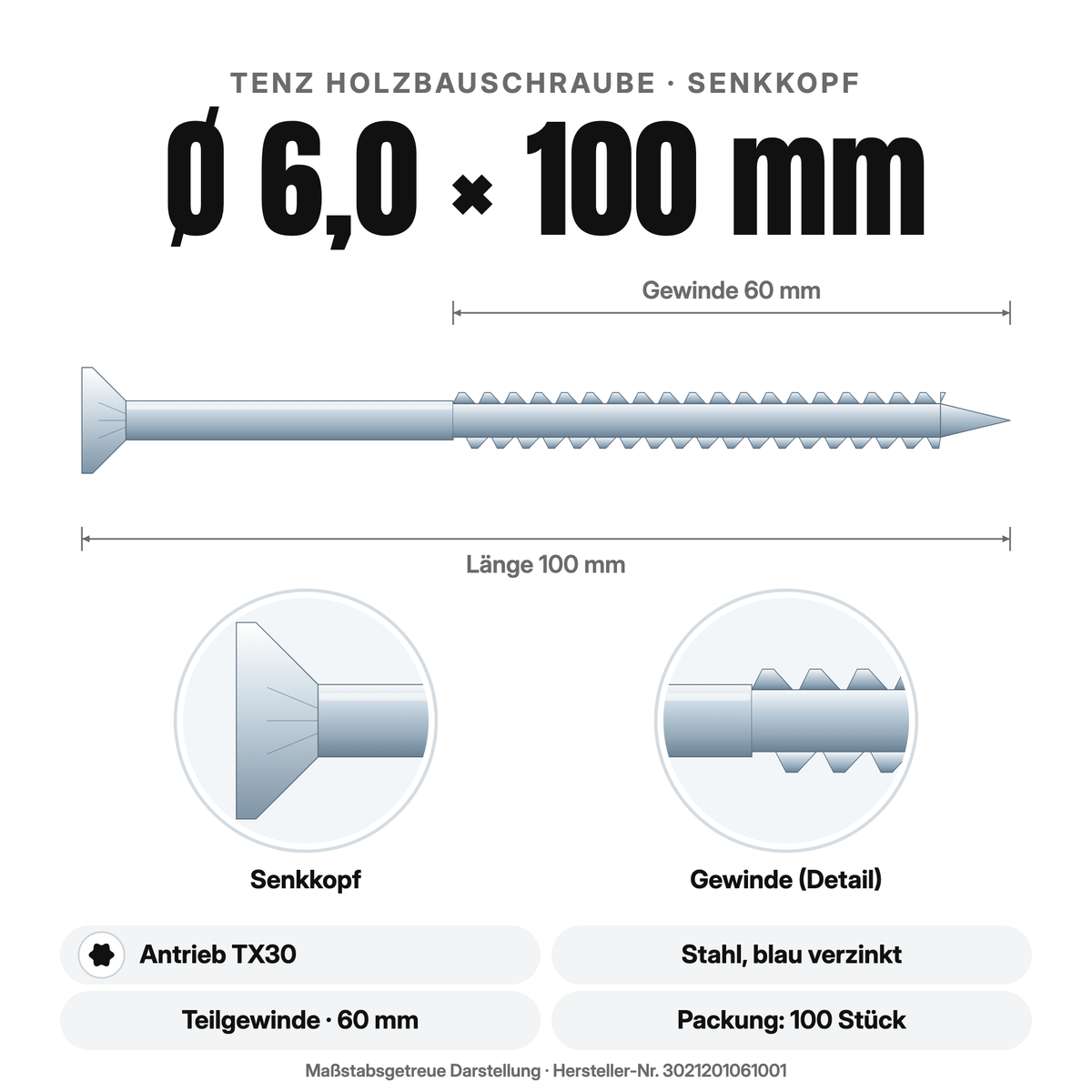 TENZ Holzbauschraube Senkkopf Ø 6,0 × 100 mm TX30, Maßzeichnung