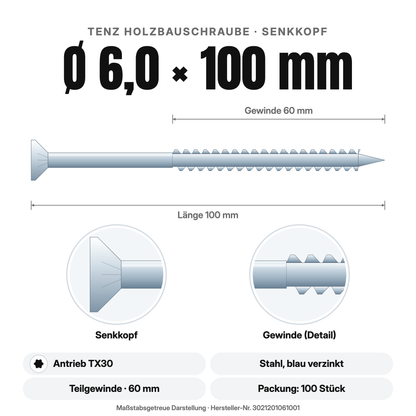 TENZ Holzbauschraube Senkkopf Ø 6,0 × 100 mm TX30, Maßzeichnung