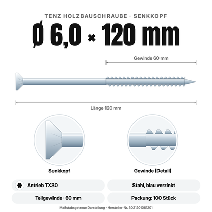 TENZ Holzbauschraube Senkkopf Ø 6,0 × 120 mm TX30, Maßzeichnung