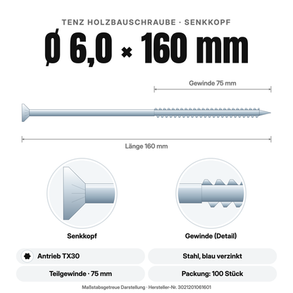 TENZ Holzbauschraube Senkkopf Ø 6,0 × 160 mm TX30, Maßzeichnung