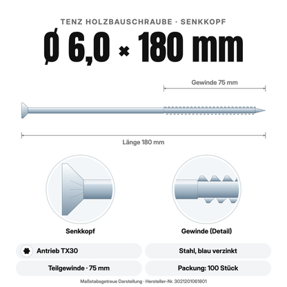 TENZ Holzbauschraube Senkkopf Ø 6,0 × 180 mm TX30, Maßzeichnung