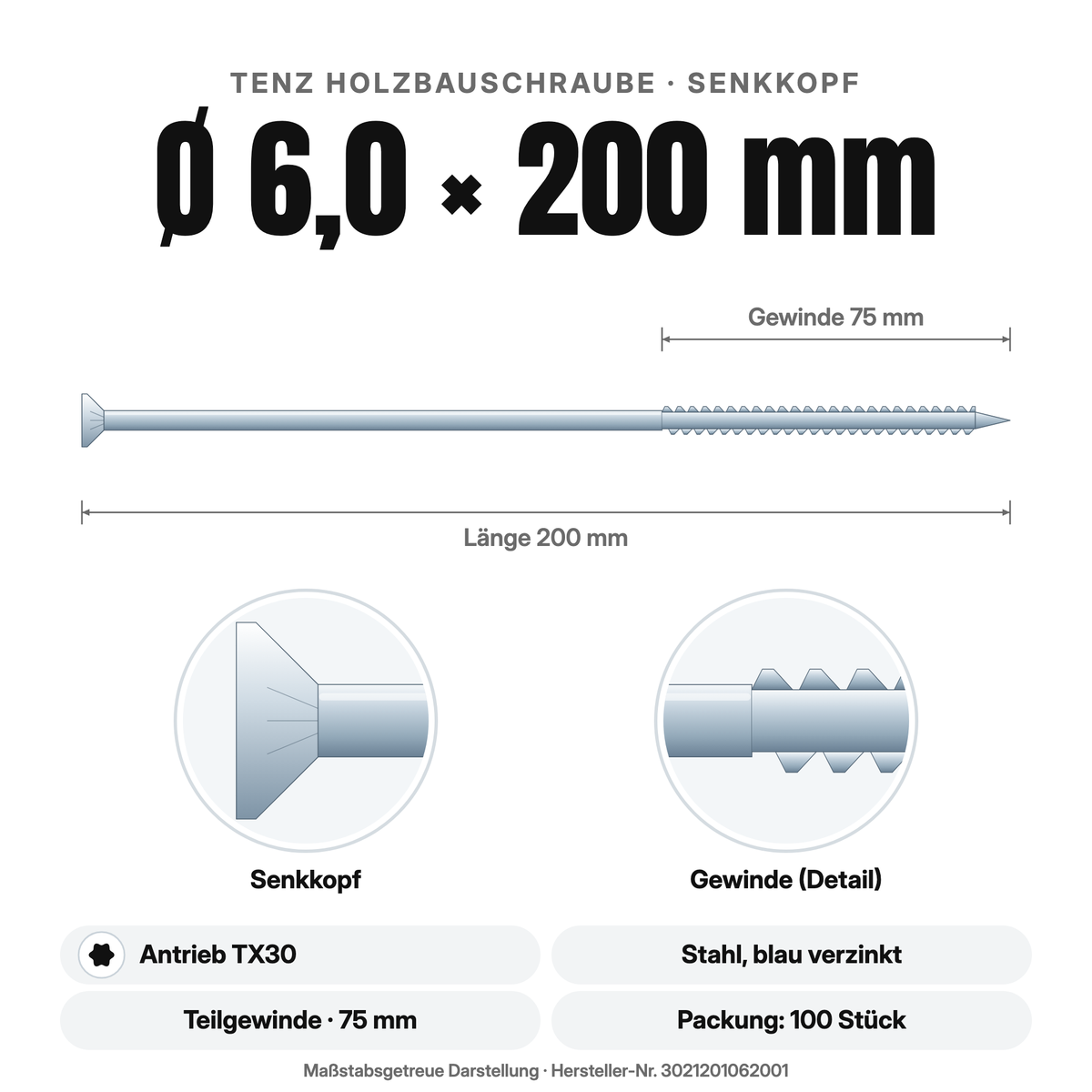 TENZ Holzbauschraube Senkkopf Ø 6,0 × 200 mm TX30, Maßzeichnung