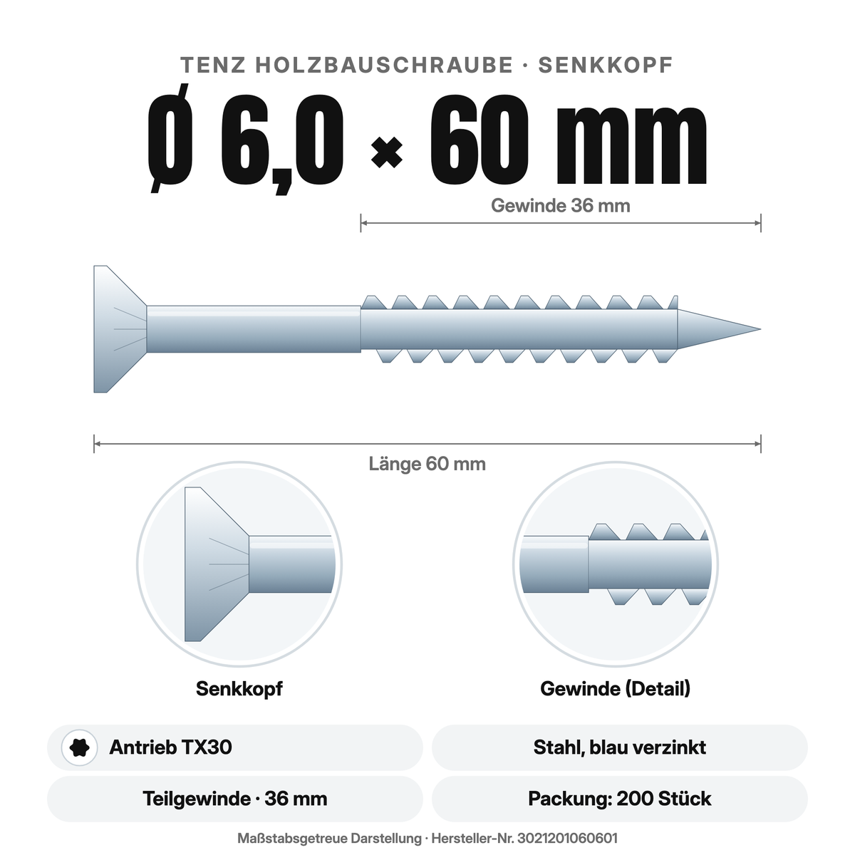 TENZ Holzbauschraube Senkkopf Ø 6,0 × 60 mm TX30, Maßzeichnung