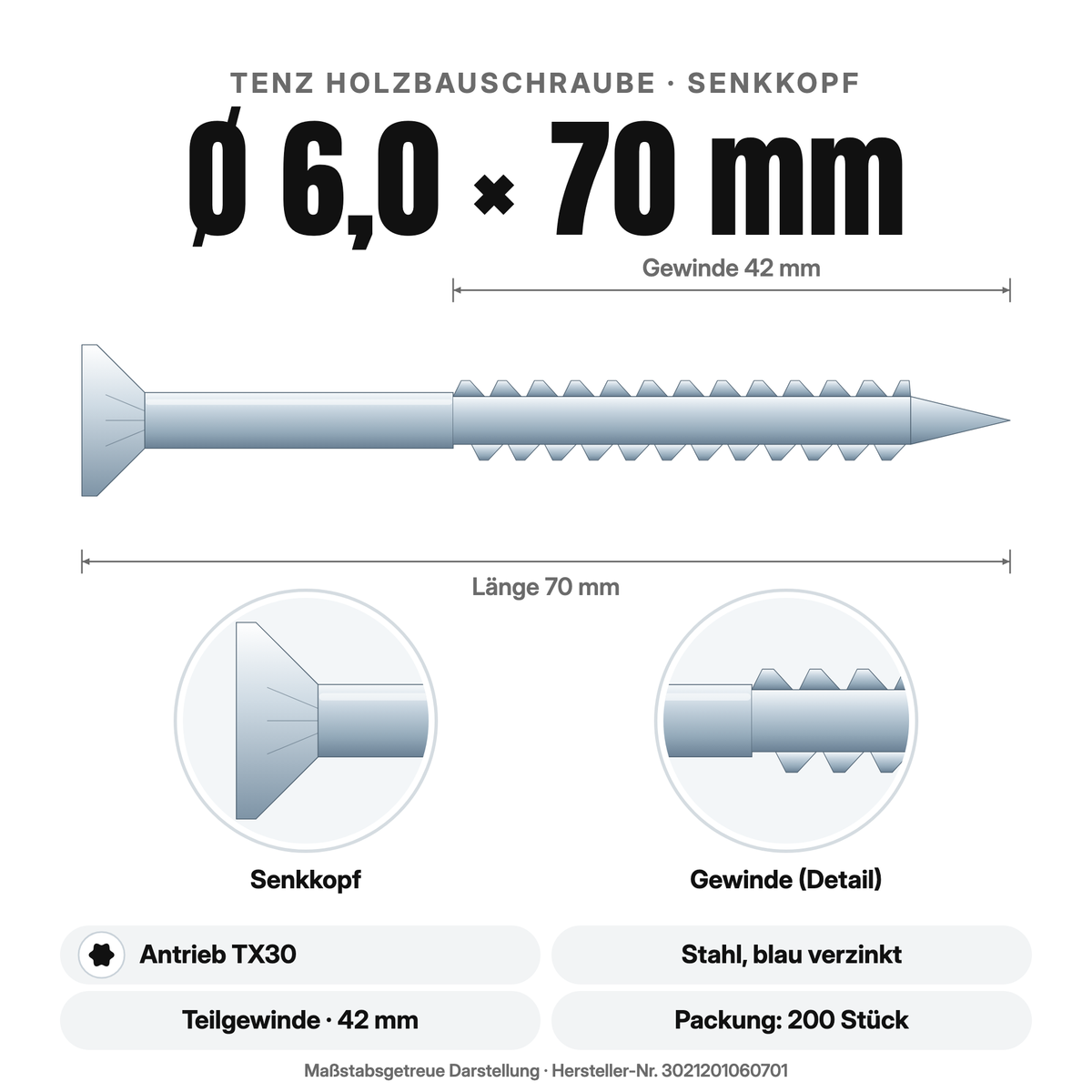 TENZ Holzbauschraube Senkkopf Ø 6,0 × 70 mm TX30, Maßzeichnung