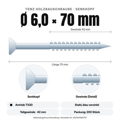 TENZ Holzbauschraube Senkkopf Ø 6,0 × 70 mm TX30, Maßzeichnung