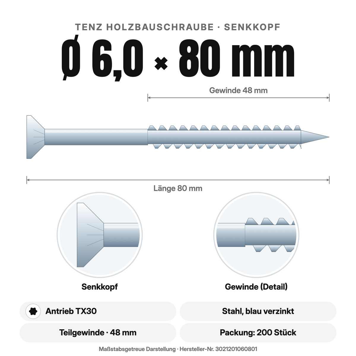 TENZ Holzbauschraube Senkkopf Ø 6,0 × 80 mm TX30, Maßzeichnung