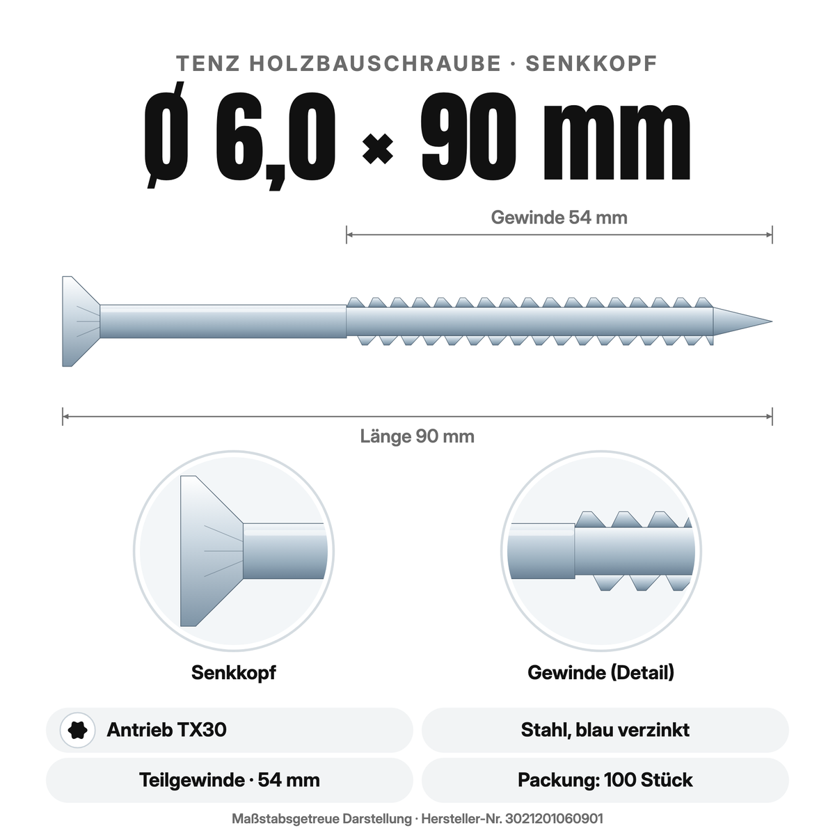 TENZ Holzbauschraube Senkkopf Ø 6,0 × 90 mm TX30, Maßzeichnung