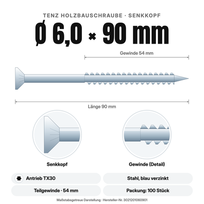 TENZ Holzbauschraube Senkkopf Ø 6,0 × 90 mm TX30, Maßzeichnung