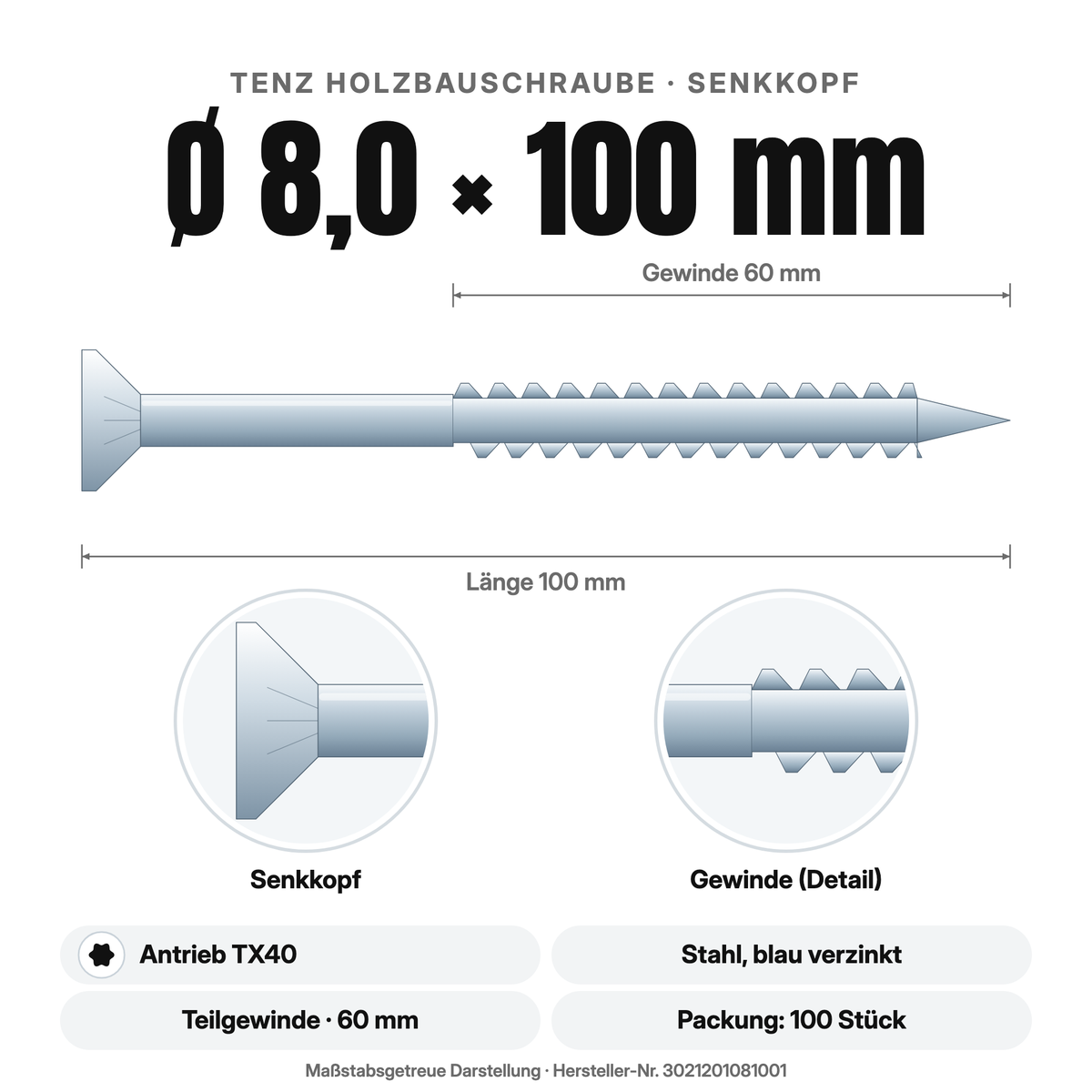 TENZ Holzbauschraube Senkkopf Ø 8,0 × 100 mm TX40, Maßzeichnung