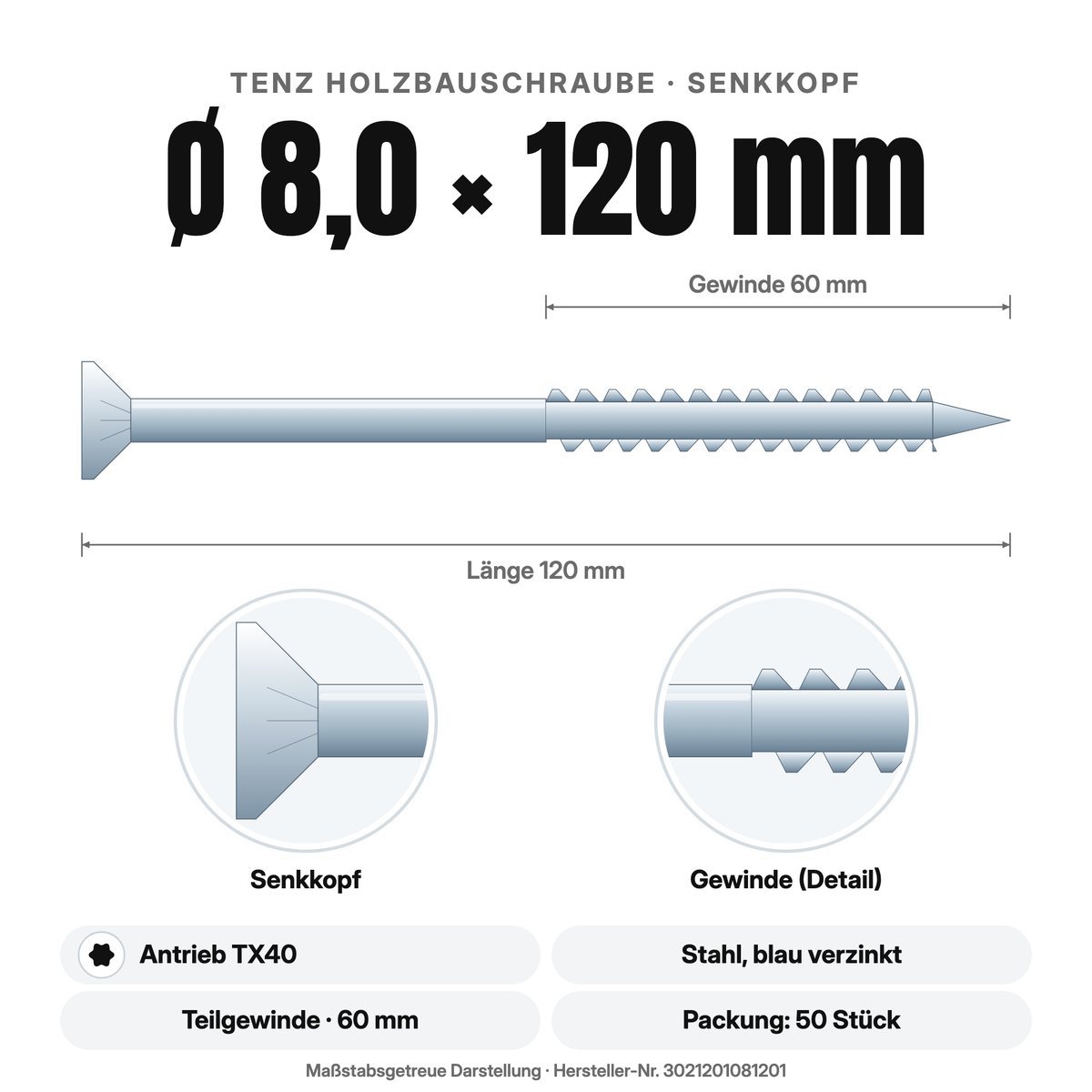TENZ Holzbauschraube Senkkopf Ø 8,0 × 120 mm TX40, Maßzeichnung