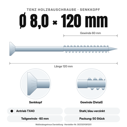 TENZ Holzbauschraube Senkkopf Ø 8,0 × 120 mm TX40, Maßzeichnung