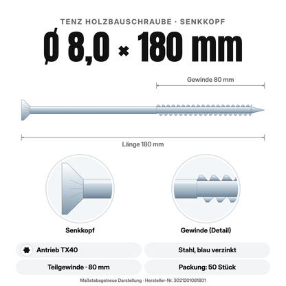 TENZ Holzbauschraube Senkkopf Ø 8,0 × 180 mm TX40, Maßzeichnung