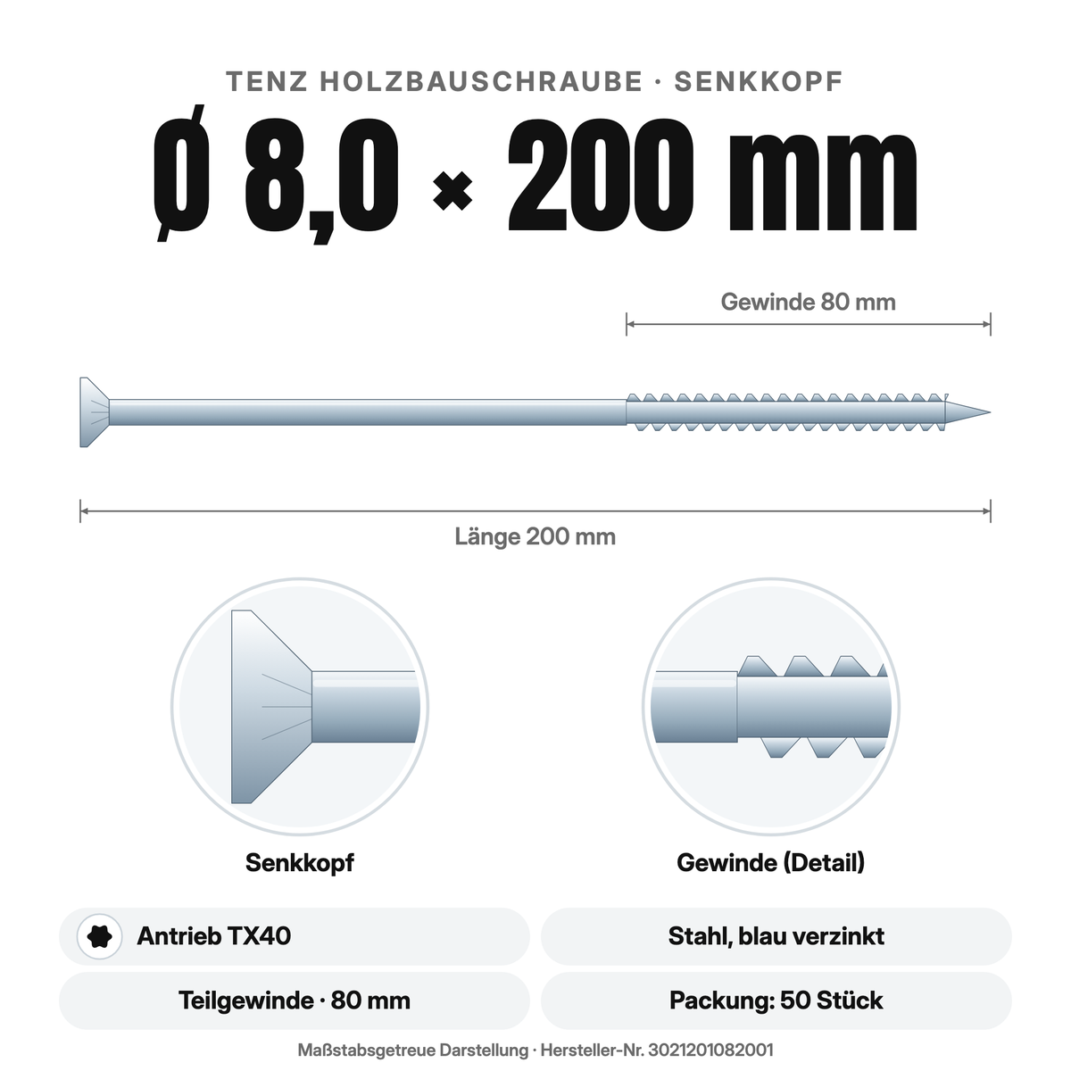 TENZ Holzbauschraube Senkkopf Ø 8,0 × 200 mm TX40, Maßzeichnung