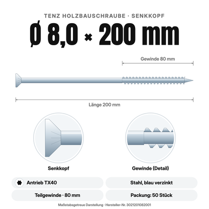 TENZ Holzbauschraube Senkkopf Ø 8,0 × 200 mm TX40, Maßzeichnung