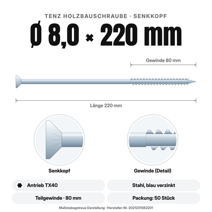 TENZ Holzbauschraube Senkkopf Ø 8,0 × 220 mm TX40, Maßzeichnung