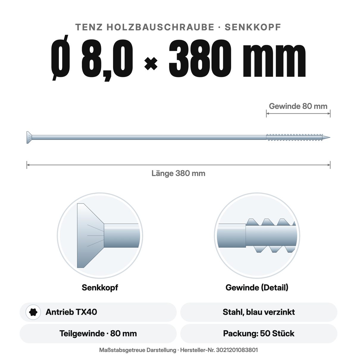 TENZ Holzbauschraube Senkkopf Ø 8,0 × 380 mm TX40, Maßzeichnung