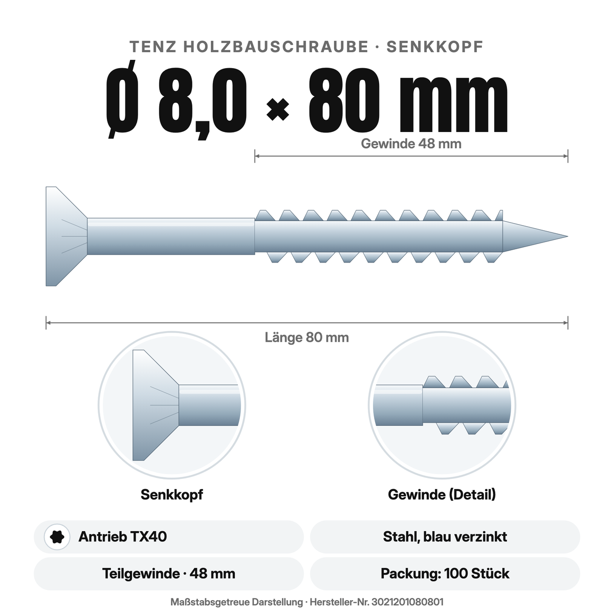 TENZ Holzbauschraube Senkkopf Ø 8,0 × 80 mm TX40, Maßzeichnung