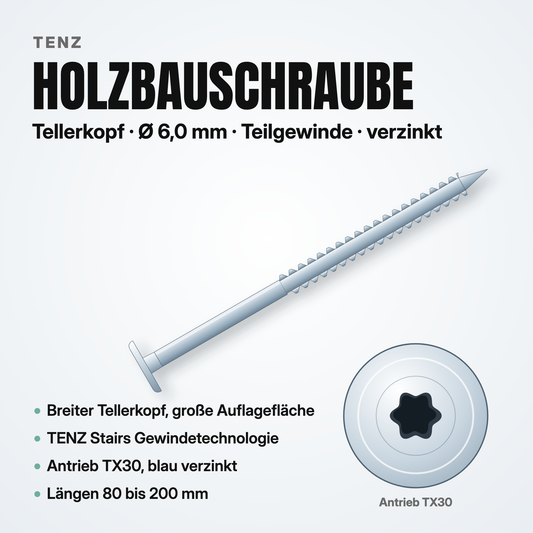 TENZ Holzbauschraube Tellerkopf Ø 6,0 mm TX30 Teilgewinde verzinkt, Produktabbildung