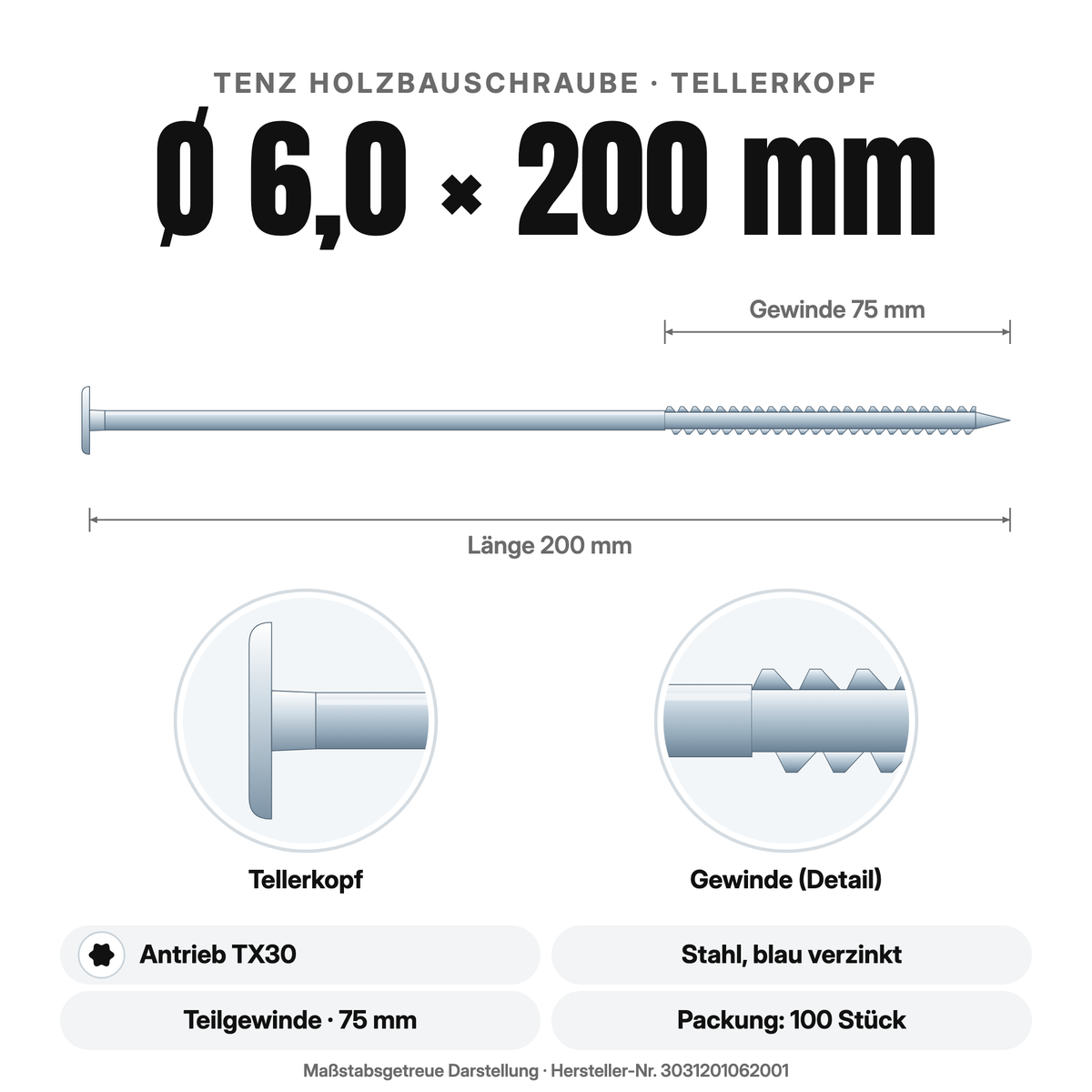 TENZ Holzbauschraube Tellerkopf Ø 6,0 × 200 mm TX30, Maßzeichnung