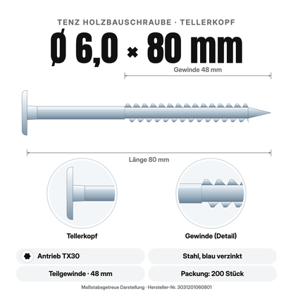 TENZ Holzbauschraube Tellerkopf Ø 6,0 × 80 mm TX30, Maßzeichnung