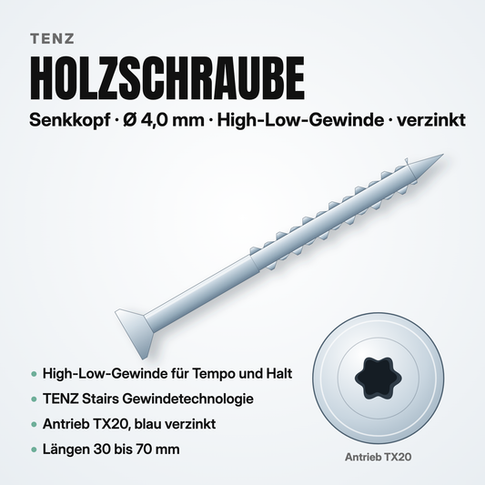 TENZ Holzschraube Senkkopf Ø 4,0 mm TX20 High-Low-Gewinde verzinkt, Produktabbildung
