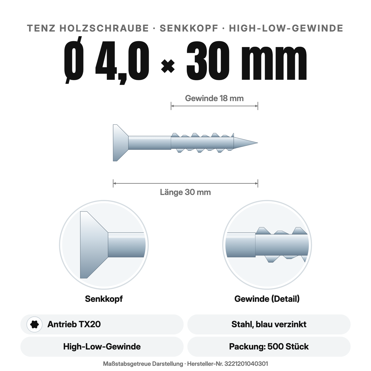 TENZ Holzschraube Senkkopf Ø 4,0 × 30 mm TX20, Maßzeichnung