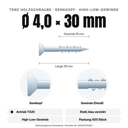 TENZ Holzschraube Senkkopf Ø 4,0 × 30 mm TX20, Maßzeichnung