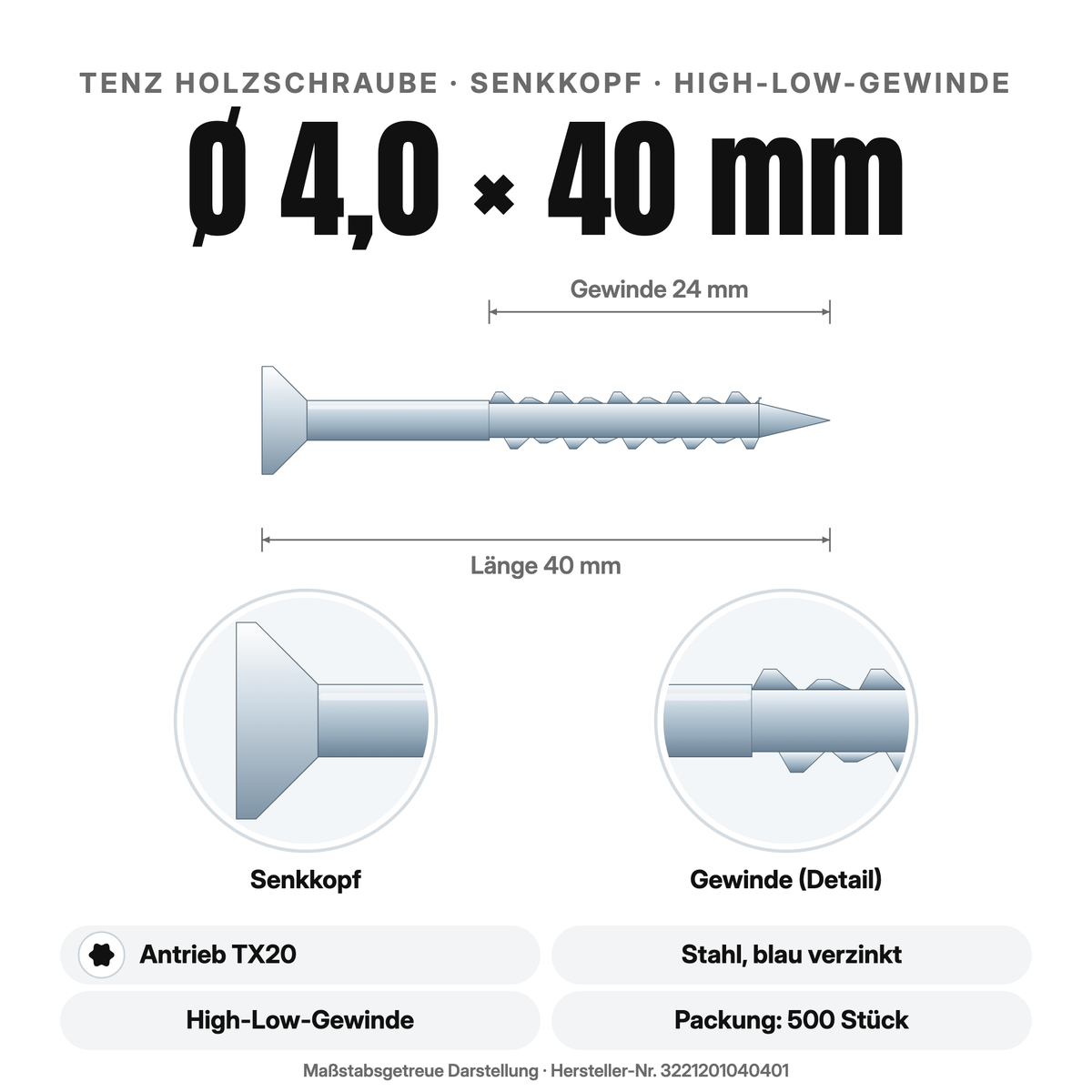 TENZ Holzschraube Senkkopf Ø 4,0 × 40 mm TX20, Maßzeichnung