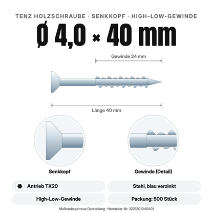 TENZ Holzschraube Senkkopf Ø 4,0 × 40 mm TX20, Maßzeichnung