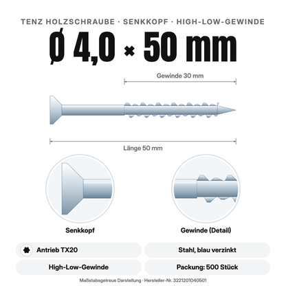 TENZ Holzschraube Senkkopf Ø 4,0 × 50 mm TX20, Maßzeichnung