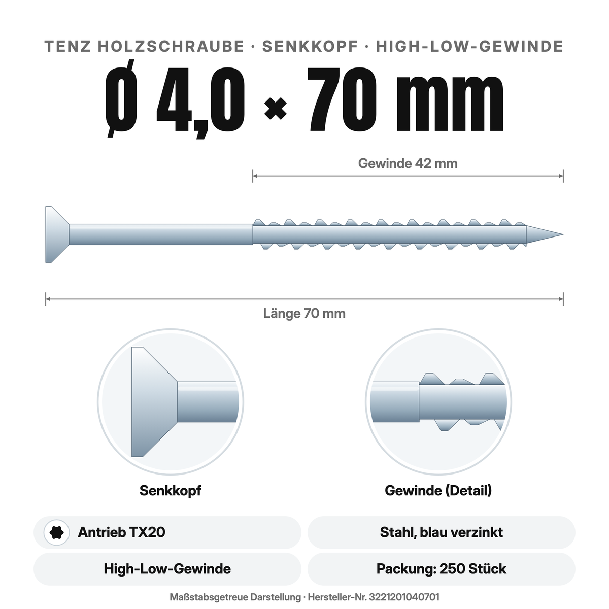 TENZ Holzschraube Senkkopf Ø 4,0 × 70 mm TX20, Maßzeichnung