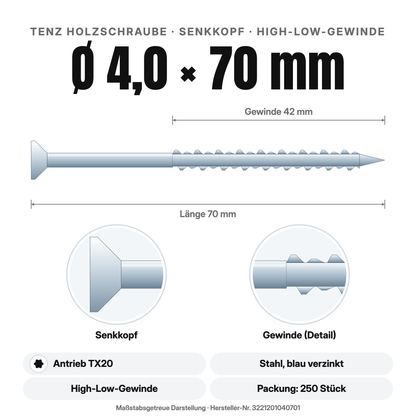 TENZ Holzschraube Senkkopf Ø 4,0 × 70 mm TX20, Maßzeichnung
