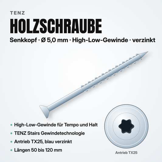 TENZ Holzschraube Senkkopf Ø 5,0 mm TX25 High-Low-Gewinde verzinkt, Produktabbildung