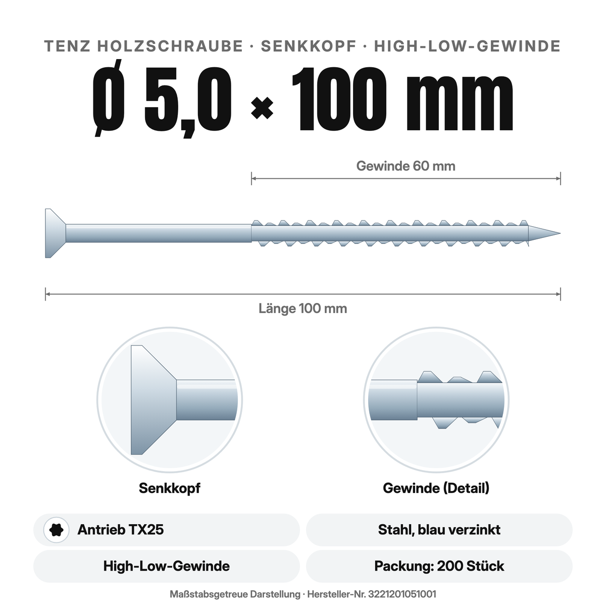 TENZ Holzschraube Senkkopf Ø 5,0 × 100 mm TX25, Maßzeichnung