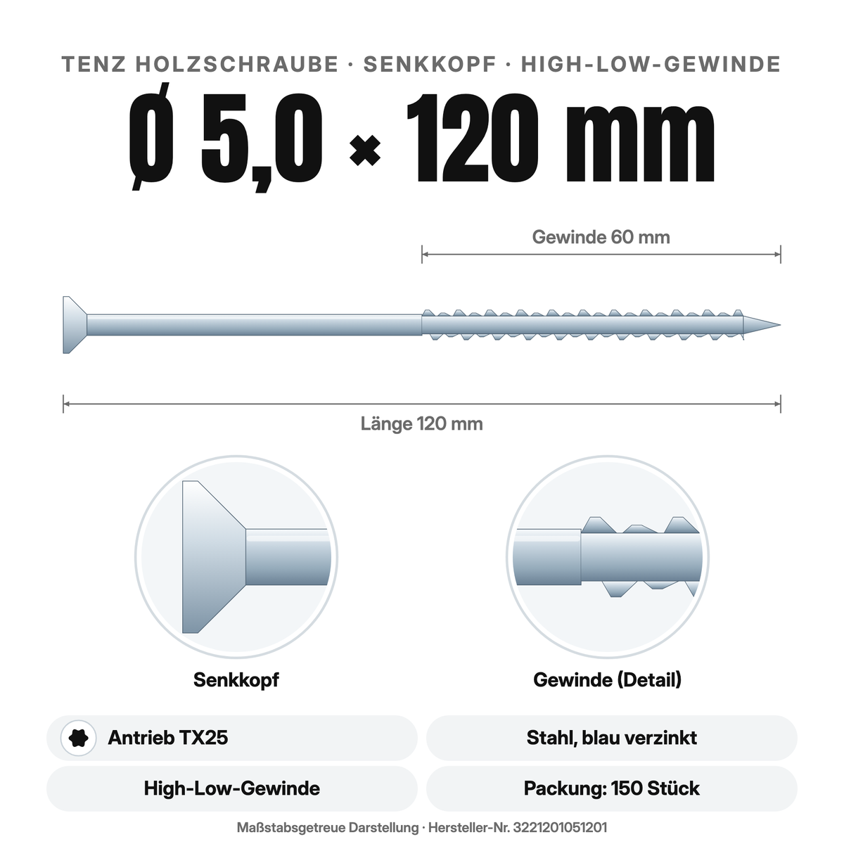 TENZ Holzschraube Senkkopf Ø 5,0 × 120 mm TX25, Maßzeichnung