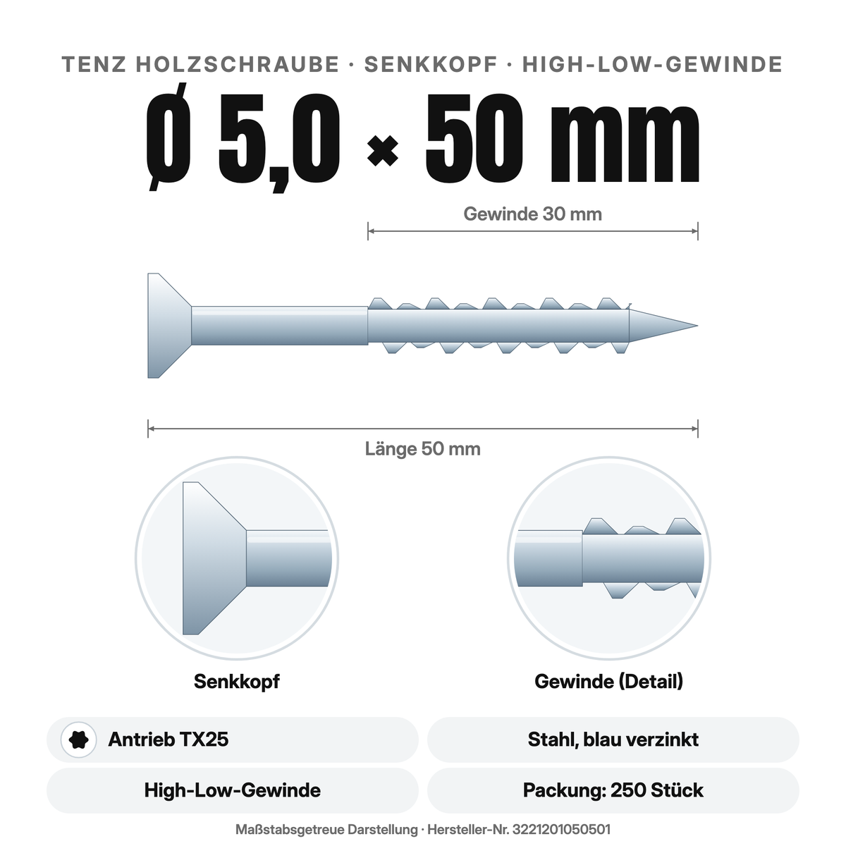 TENZ Holzschraube Senkkopf Ø 5,0 × 50 mm TX25, Maßzeichnung