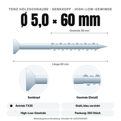 TENZ Holzschraube Senkkopf Ø 5,0 × 60 mm TX25, Maßzeichnung