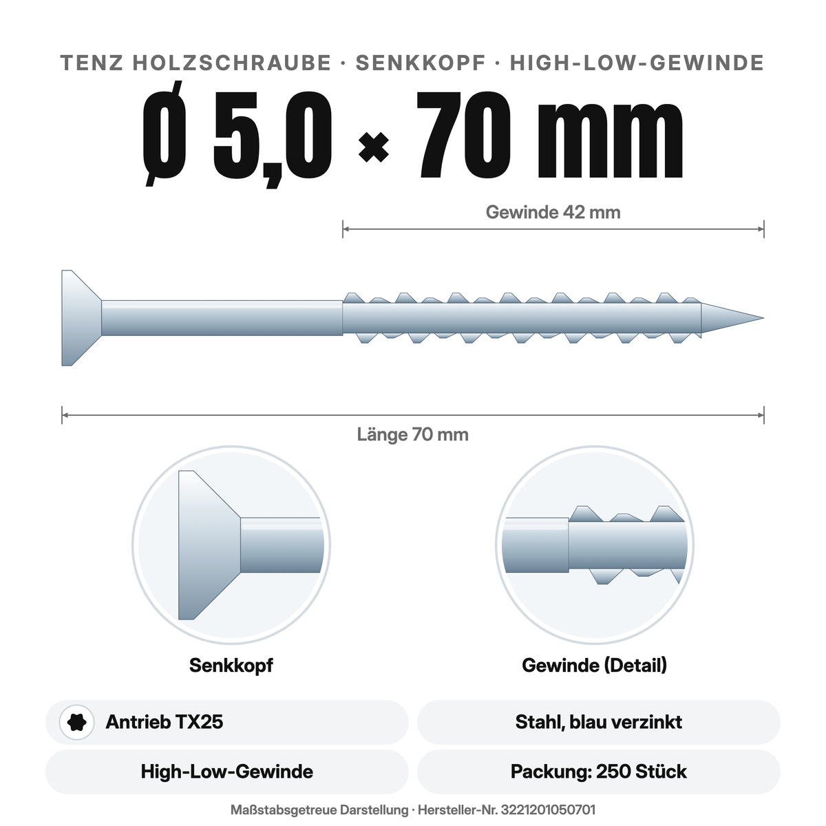 TENZ Holzschraube Senkkopf Ø 5,0 × 70 mm TX25, Maßzeichnung