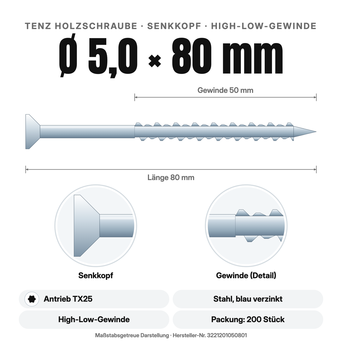 TENZ Holzschraube Senkkopf Ø 5,0 × 80 mm TX25, Maßzeichnung