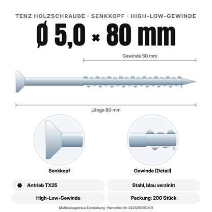 TENZ Holzschraube Senkkopf Ø 5,0 × 80 mm TX25, Maßzeichnung