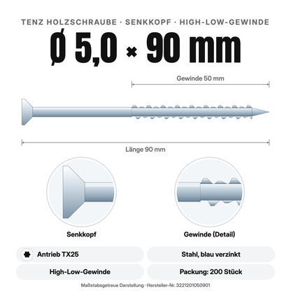 TENZ Holzschraube Senkkopf Ø 5,0 × 90 mm TX25, Maßzeichnung